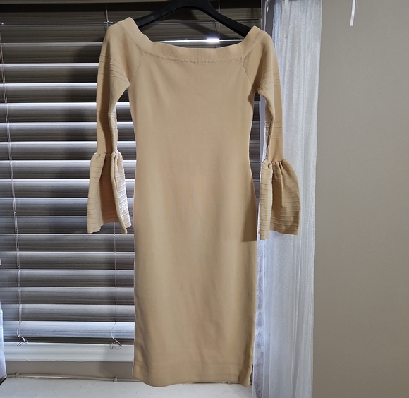 Chic Long Sleeve Tan Off The Shoulder Dress - Picture 1 of 12